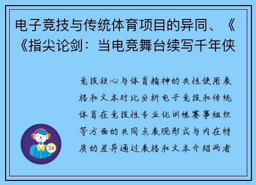 电子竞技与传统体育项目的异同、《《指尖论剑：当电竞舞台续写千年侠义》